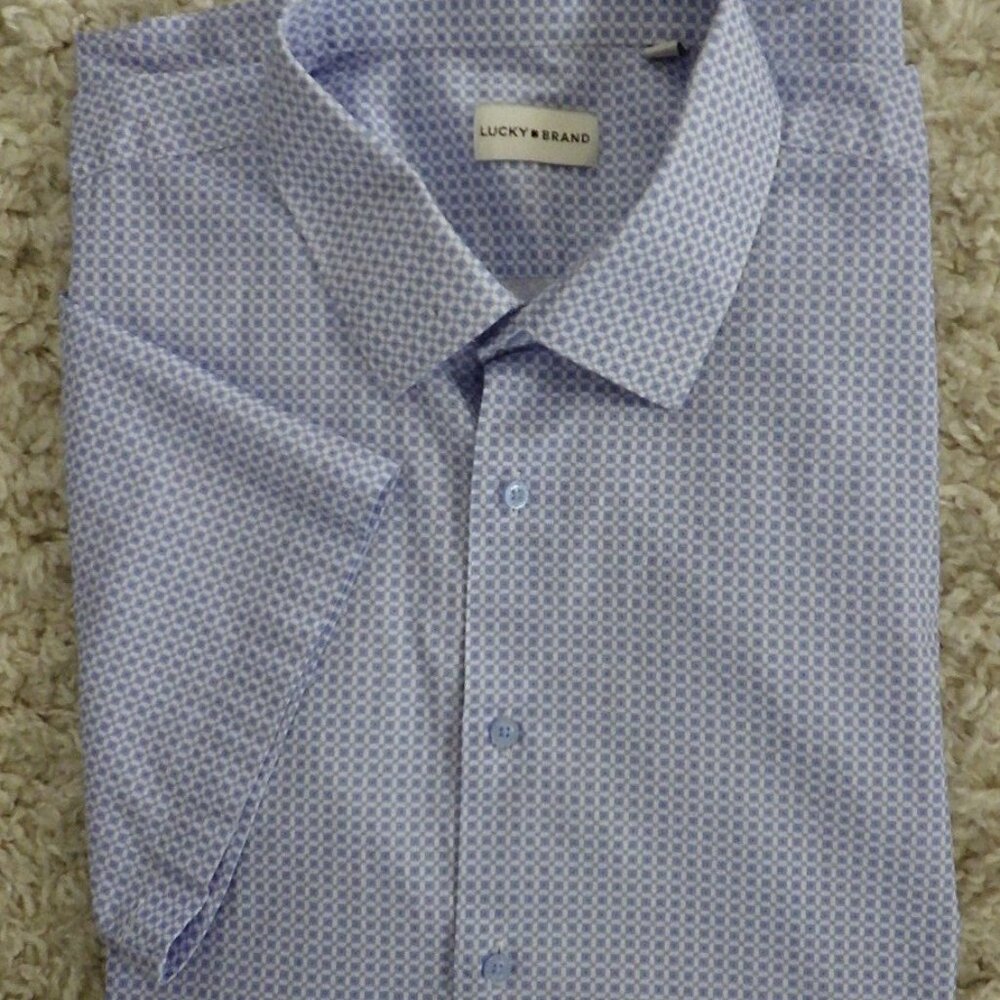 Lucky Brand Men’s Button Up Short Sleeve Shirt Blue Geometric Size XL 17/17.5